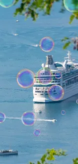 A cruise ship sails on tranquil blue waters, surrounded by greenery.