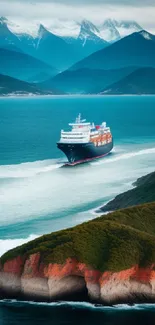 Cruise ship sailing through blue ocean with scenic mountains.