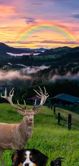 Majestic deer in a vibrant landscape with a rainbow overhead.