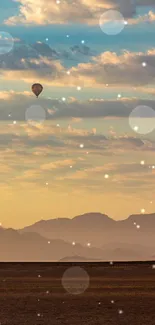 Hot air balloon over a serene desert with cloudy skies.