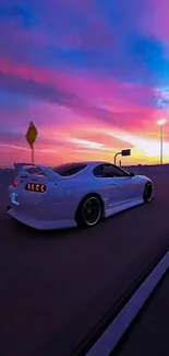 White sports car driving at sunset under purple and pink sky.