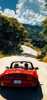 A red convertible driving through a scenic forest road under a bright blue sky.