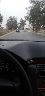 View from car dashboard on a tree-lined road at dusk.