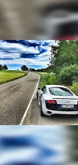 White sports car on a scenic country road.