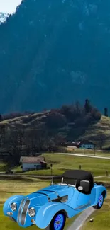 Vintage blue car driving on a scenic mountain road.