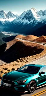 Turquoise sports car on scenic mountain road with snowy peaks.