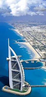 Aerial view of Dubai's coastline with Burj Al Arab.