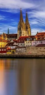 Vibrant European cityscape with cathedral and river.