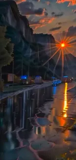 Scenic road with sunset reflections in evening light.