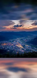 A scenic town illuminated by city lights under a vibrant sunset sky.