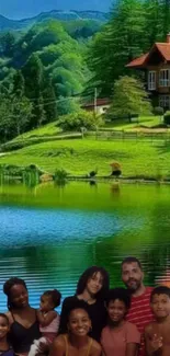 Family enjoying a lakeside view with mountains and trees.