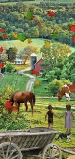 Scenic farm landscape with children, horse, and autumn leaves.