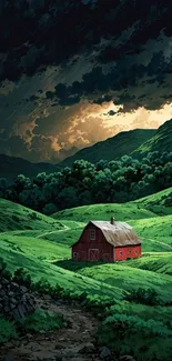 Red farmhouse on green hills under a stormy sky.