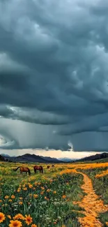 Dramatic stormy sky over field with flowers and horses