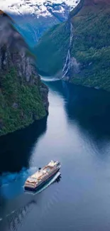 Cruise ship in Norwegian fjord with cliffs and blue waters.