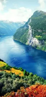 Fjord scenic view with cruise ship and vibrant mountains