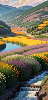 Vibrant mountain valley landscape with colorful flowers and river.