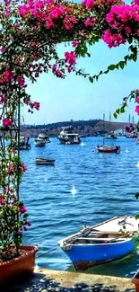 Floral arch with boats on blue waterfront background.