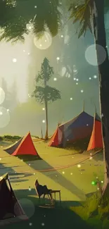 Serene forest campsite with colorful tents under sunlit trees.