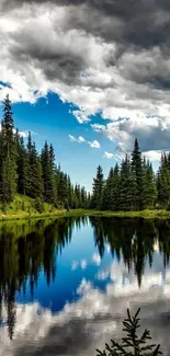 Serene forest lake with reflections, dramatic sky, and pine trees in view.