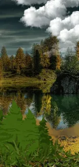 Scenic view of a forest lake with lush greenery and clouds.