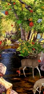 Forest wallpaper with deer, butterflies, and a tranquil stream.