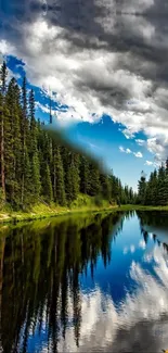 Mobile wallpaper of a forest reflecting in a calm river, beneath dramatic clouds.