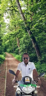 Man riding motorbike on a forest path.