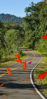 Winding road through lush green forest landscape.