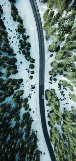 Aerial view of a snowy forest road with evergreen trees.
