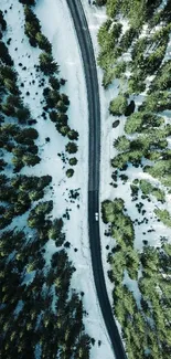 Aerial view of a scenic winding road through a lush forest with green trees.