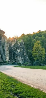 Scenic forest landscape with rock cliffs at sunrise.