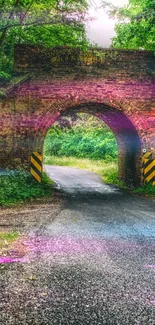 Rustic archway in a lush green forest with road and trees.