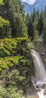 Scenic view of a waterfall in a green forest with sunlight.