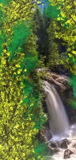 Lush forest with waterfall mobile wallpaper.