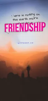 Phone wallpaper with friendship quote over sunset silhouette.