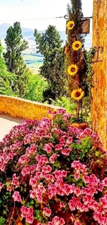 Blooming garden path with sunlit stone wall and lush landscape.