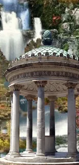 Classical gazebo with a waterfall backdrop on mobile wallpaper.