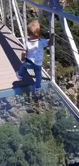 Child exploring on glass-bottom bridge with lush green view.