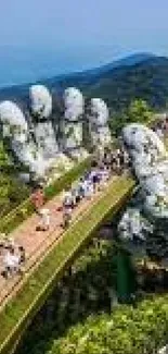 Golden Bridge in Vietnam surrounded by lush mountains and greenery.