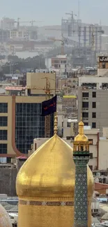 Golden dome amidst city skyline architecture.