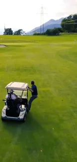 A golf cart on a sprawling green golf course under a clear sky.