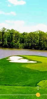 A beautiful golf course by a lake under a clear blue sky.