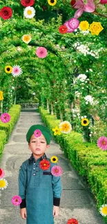 A vibrant green garden pathway with floral arches and lush greenery.