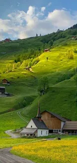 Scenic green hill with rustic cottage and clear sky.