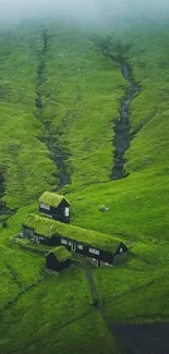 A serene landscape with lush green hills and rustic houses under a misty sky.