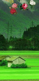 Lush green landscape with mountains and colorful flowers.