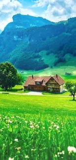 Beautiful mobile wallpaper of a green mountain landscape with a countryside house.