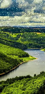 Lush green valley with river under dramatic clouds, perfect for mobile wallpaper.