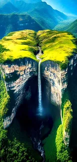 Mobile wallpaper of a stunning green waterfall on a plateau.